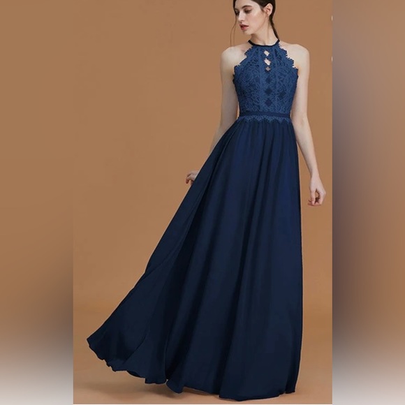 CHRISTINA WU HALTER NECK LACE CHIFFON BRIDSMADE LONG DRESS NAVY BLUE BRAS SIZE 2 - Picture 5 of 15